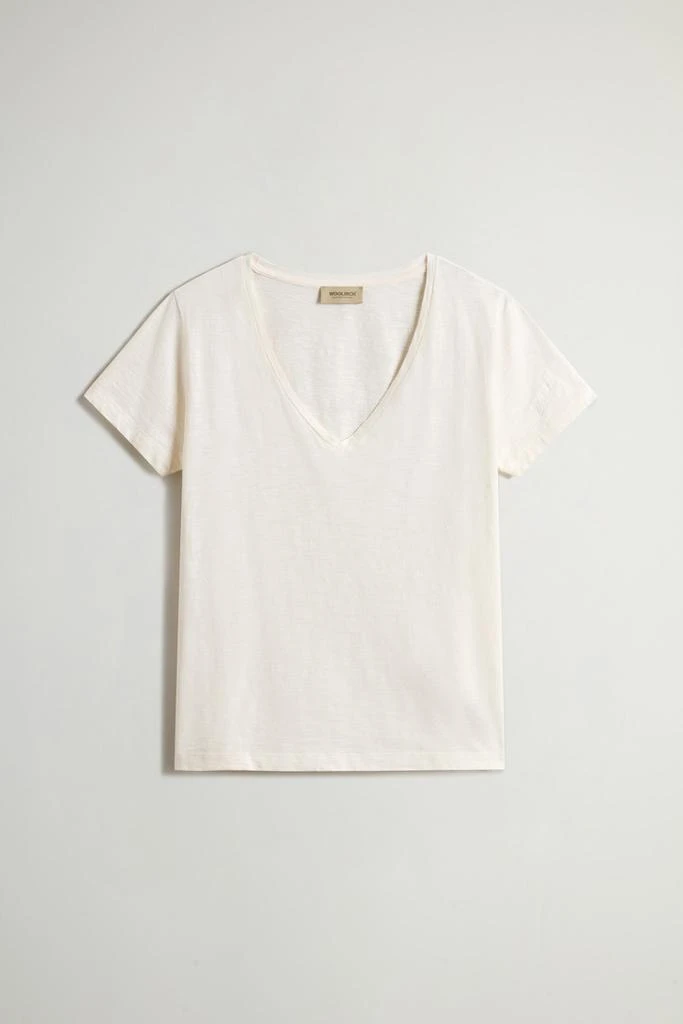 Woolrich Pure Cotton Slub T-Shirt with V-Neck - Women - Pink 5