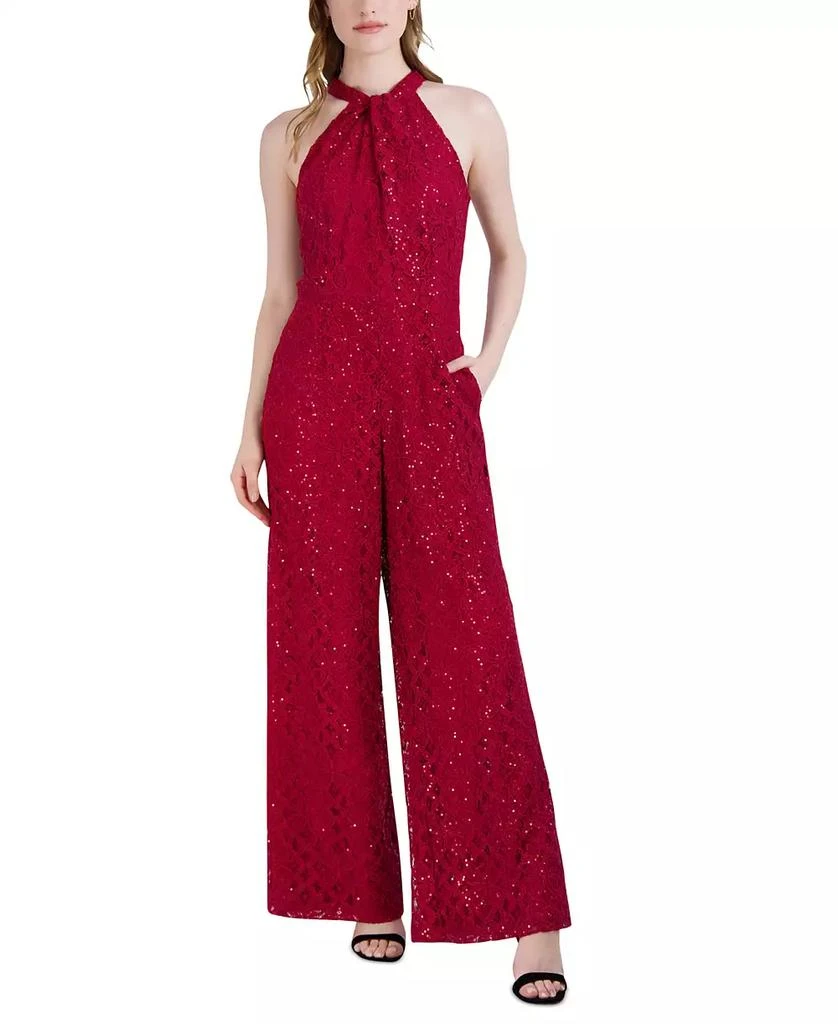 julia jordan Women
s Sequin-Lace Halter Twist-Neck Jumpsuit 1