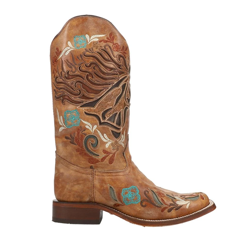 Corral Boots Floral Inlay Embroidered Boots. Square Toe Pull On Cowboy Boots