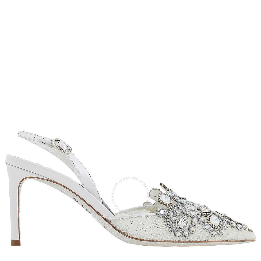 Rene Caovilla White Veneziana Lace Pointed-Toe Slingback Pumps