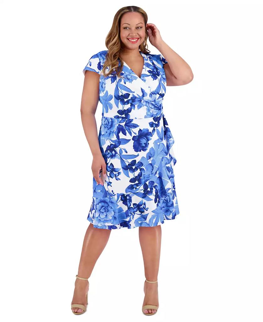 London Times Plus Size V-Neck Side-Ruffle Dress