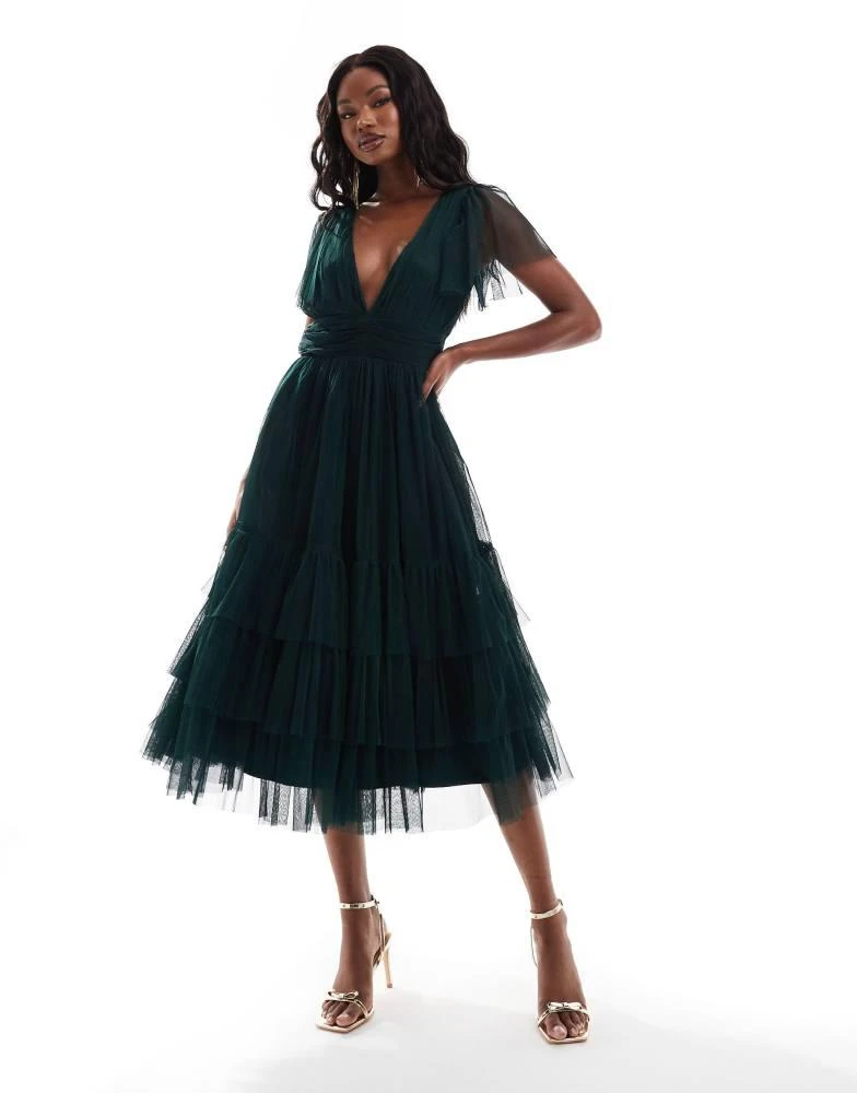 Lace & Beads Lace & Beads Bridesmaid Madison v neck tulle midi dress in dark green 3