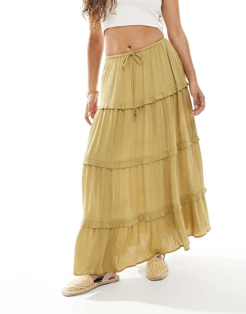 Miss Selfridge Miss Selfridge Petite tiered cheesecloth maxi skirt in light khaki 4