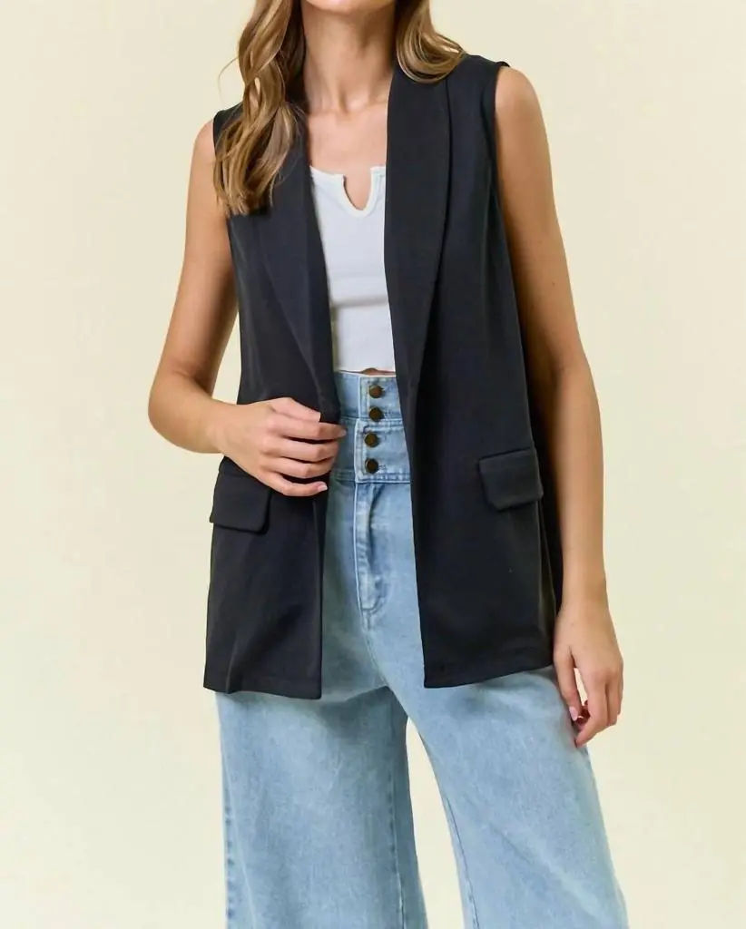 Doe and Rae Doe And Rae - Black Shawl Neck Open Front Knit Vest Blazer