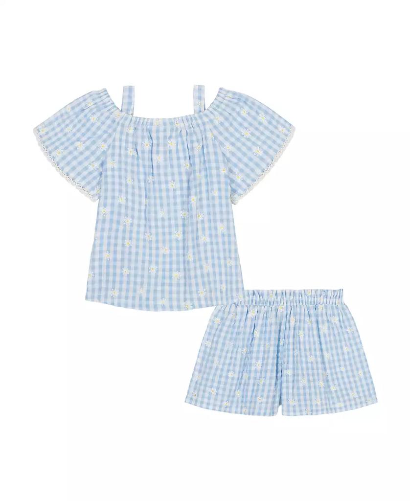 KIDS HEADQUARTERS Toddler and Little Girls 2-Piece Daisy Gingham Drop Top and Needle Knit Shorts Set