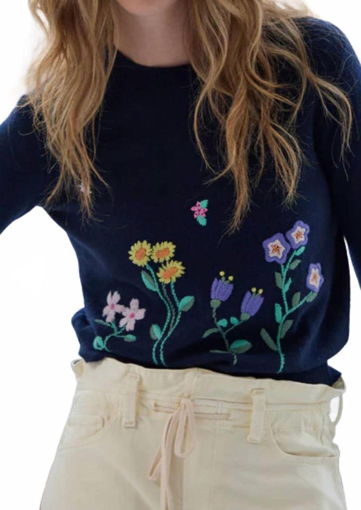 Autumn Cashmere Flowers Embroidered Crew Sweater In Navy Combo
