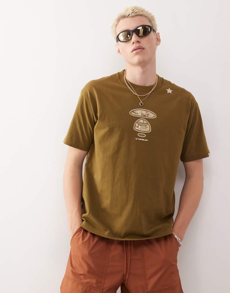 AAPE Aape by A Bathing Ape boxy fit t-shirt in khaki green with multi placement western print