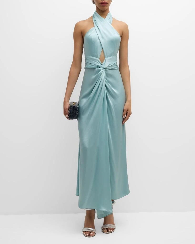 LAPOINTE Plunging Halter Draped Open-Back Satin Maxi Dress 2