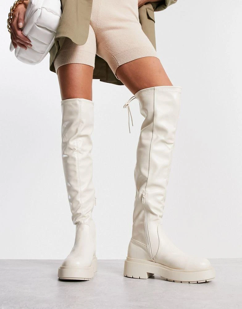 New Look New Look over the knee chunky stretch flat boots in white 1
