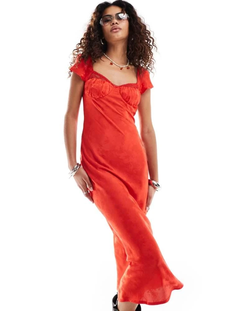 Kiss The Sky Kiss The Sky bust detail satin jacquard midaxi dress in red 4