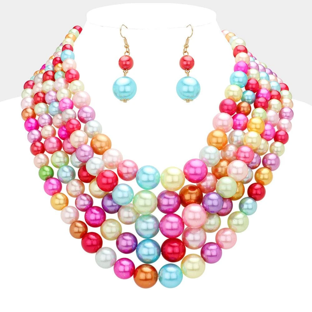 FASHNZFAB Pearl Multi Strand Bib Necklace