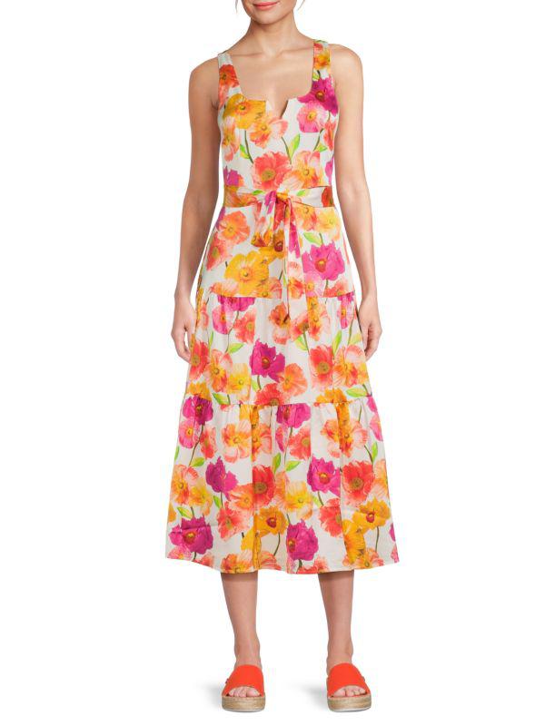 Karl Lagerfeld Paris Floral Belted Tiered Midi-Dress