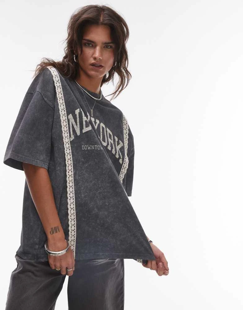 Topshop Topshop graphic New York lace trim oversized tee in dark grey 2