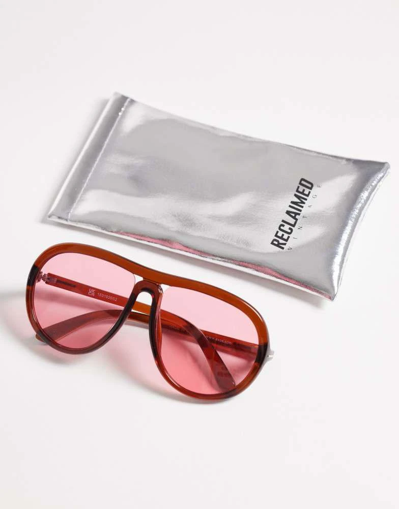 Reclaimed Vintage Reclaimed Vintage oversized aviator with pink lens in brown 3