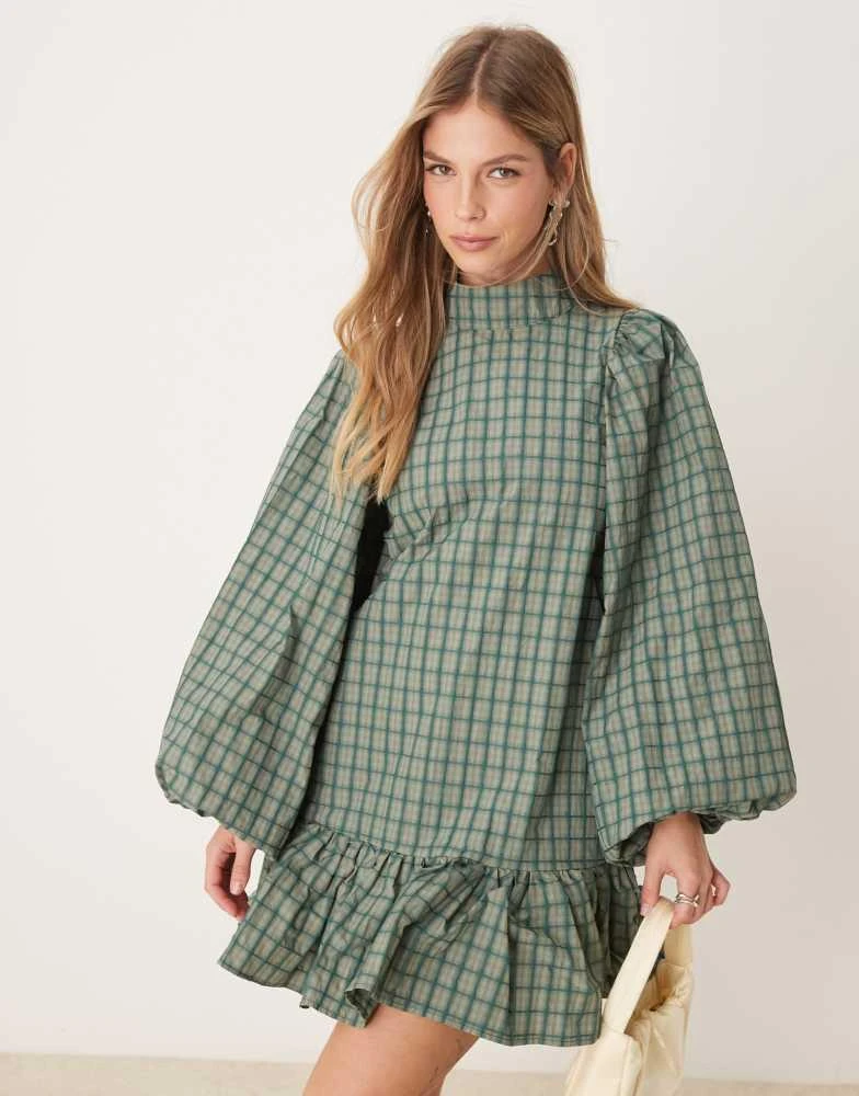 Ghospell Ghospell check print mini dress in green 1