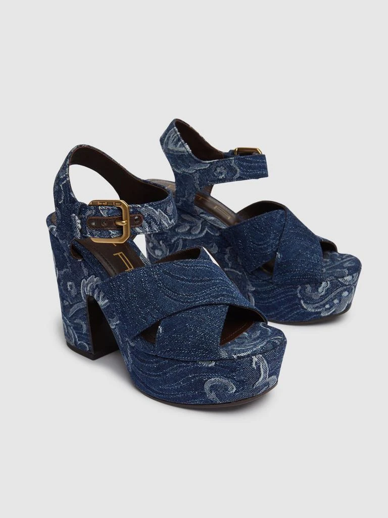 ETRO 100mm Embroidered Denim Platform Sandals 1