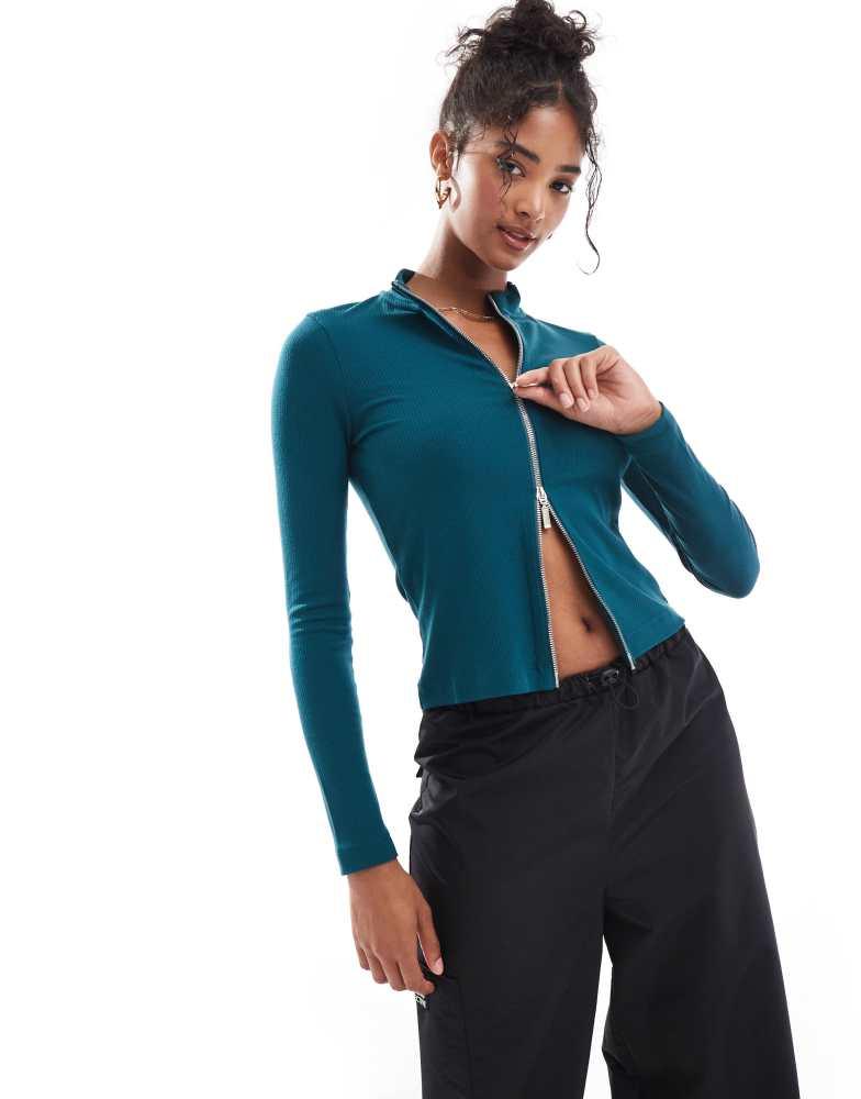 Barbour Barbour International Myla full zip rib top in deep teal exclusive to asos