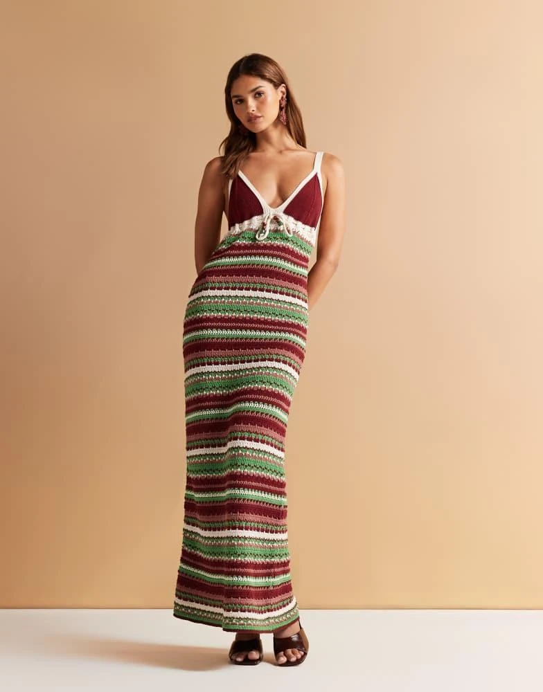white christmas dresses Rent ASOS DESIGN Petite Crochet Bardot Midi Dress In Ditsy And Stripe Mix  Print main image 1