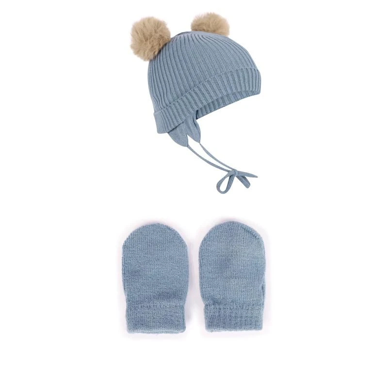 NAME IT® Pom poms ribbed winter hat and mitts set in dusty blue 1