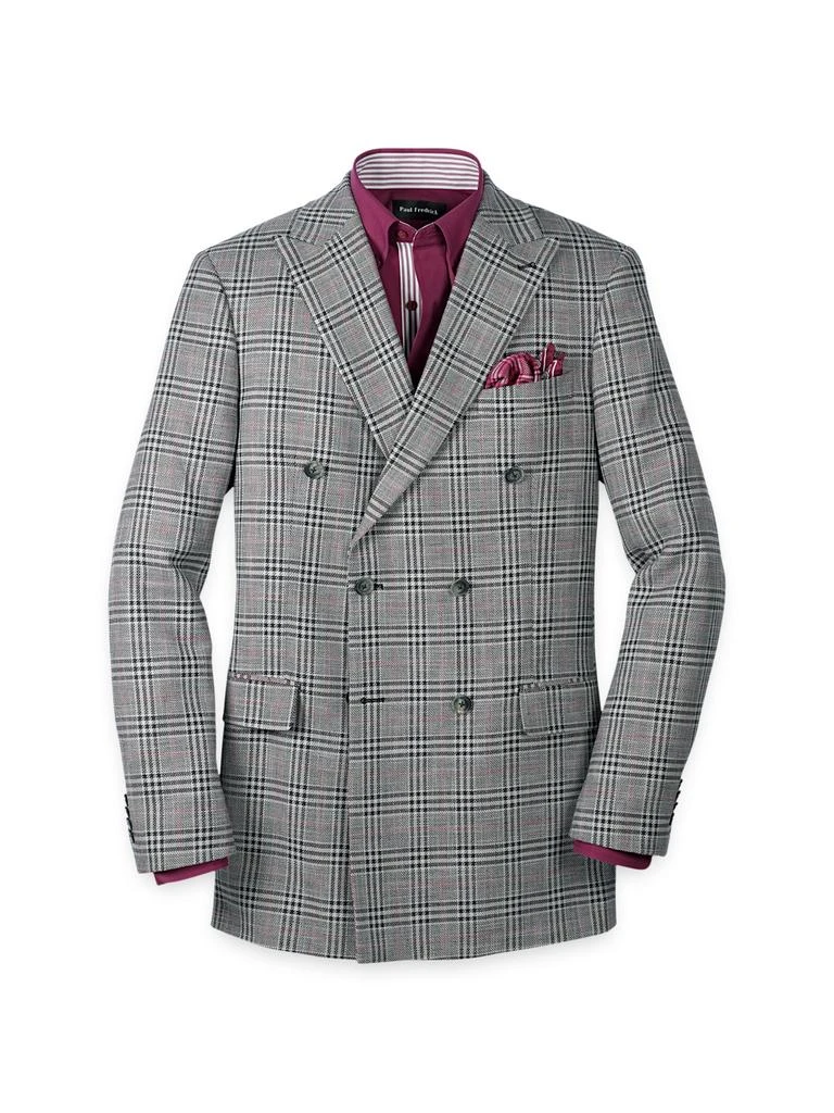 Paul Fredrick Black White Cotton Blend Plaid Double Breasted Peak Lapel Sport Coat