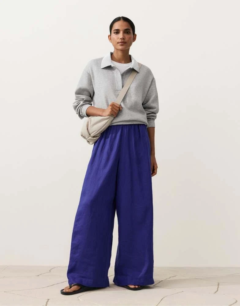 OYSHO OYSHO 100% linen wide-leg trousers with side pleat in cobalt