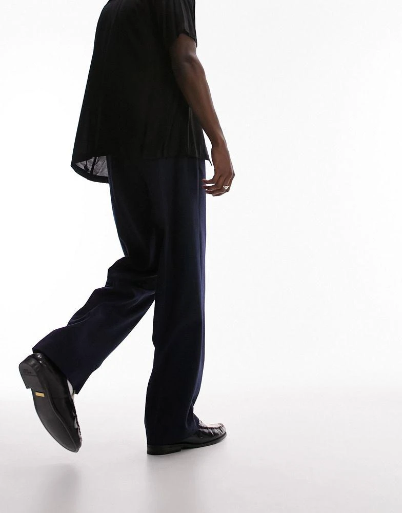 Topman Topman wide leg wool mix elasticated waistband trousers in navy 3