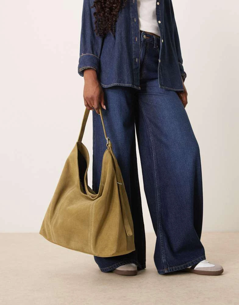 ASOS ASOS DESIGN suede slouch buckle tote bag in khaki 1