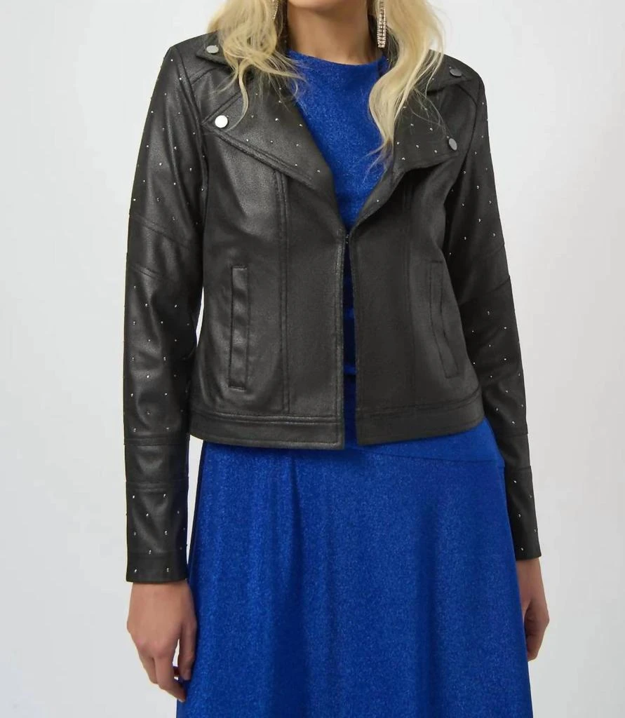 JOSEPH RIBKOFF Joseph Ribkoff - Embellished Faux Leather Moto Jacket
