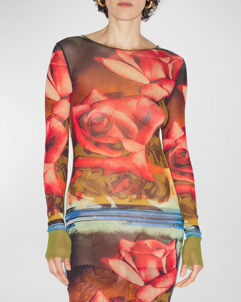 Jean Paul Gaultier Roses-Print Long-Sleeve Mesh Maxi Dress