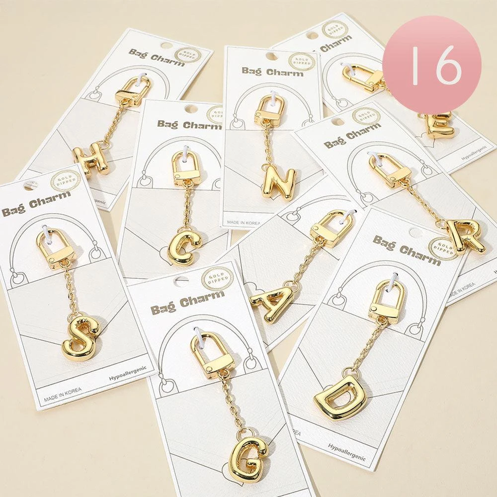FASHNZFAB 16PCS - Gold Dipped Hypoallergenic Monogram Initial Keychain Bag Charm