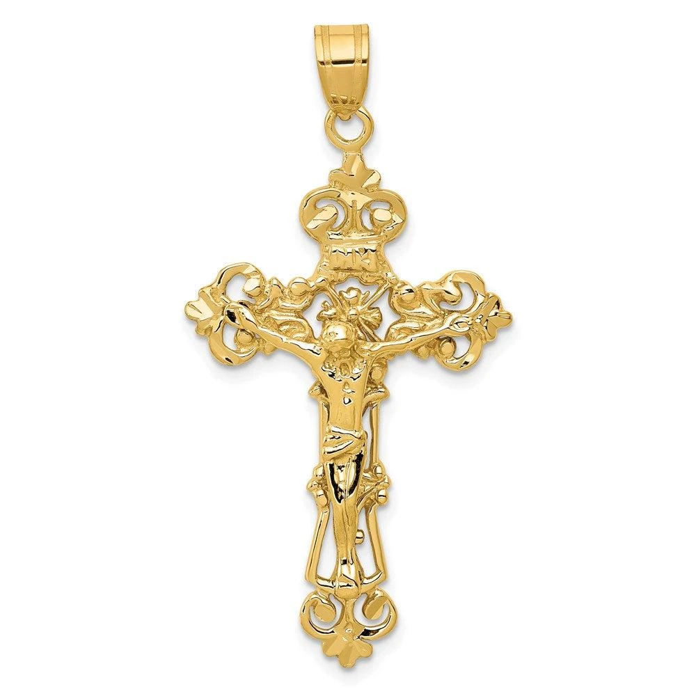 Diamond2Deal 14k Yellow Gold INRI Fleur De Lis Crucifix Pendant