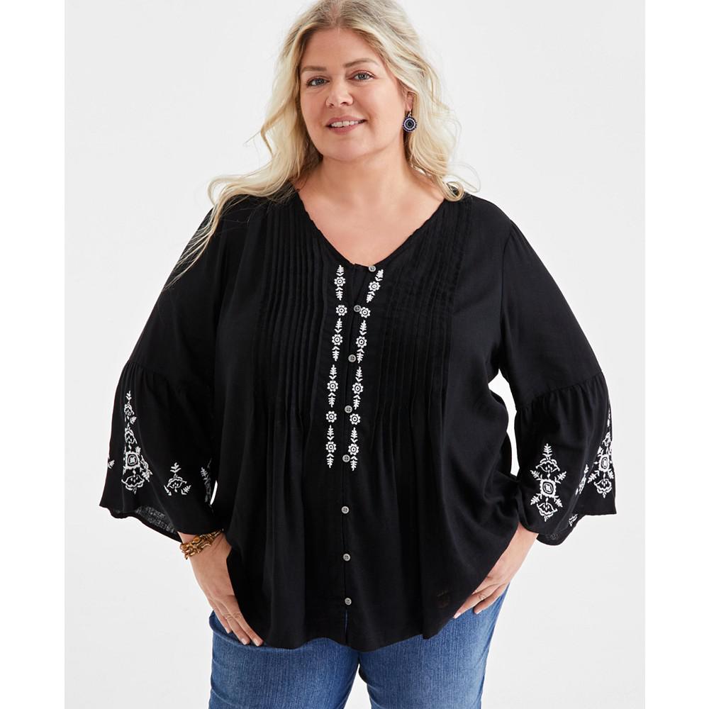 Style & Co Plus Size Embroidered Pintuck Blouse, Created for Macy's