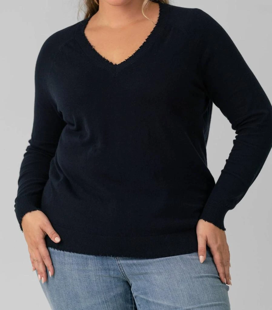 Minnie Rose Minnie Rose - Distressed Long Sleeve V-neck Sweater - Plus Size 2