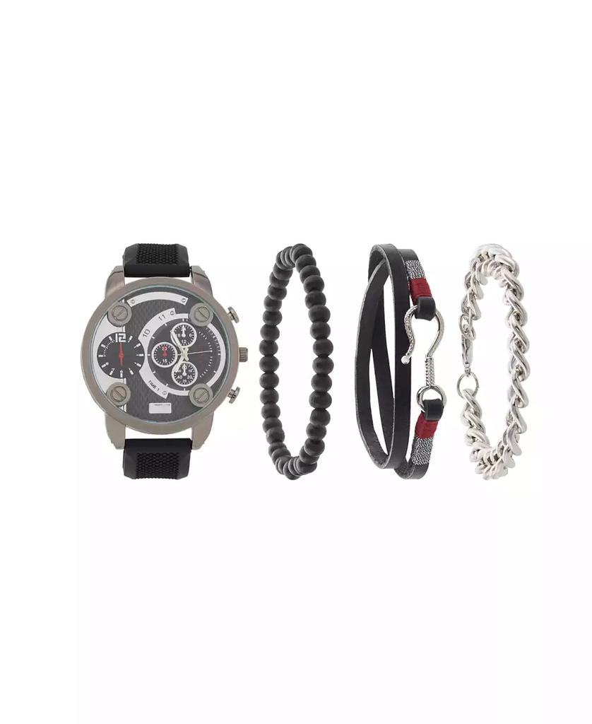 American Exchange Men's Black Rubber Strap Analog Watch 51mm with Stackable Bracelets Gift Set