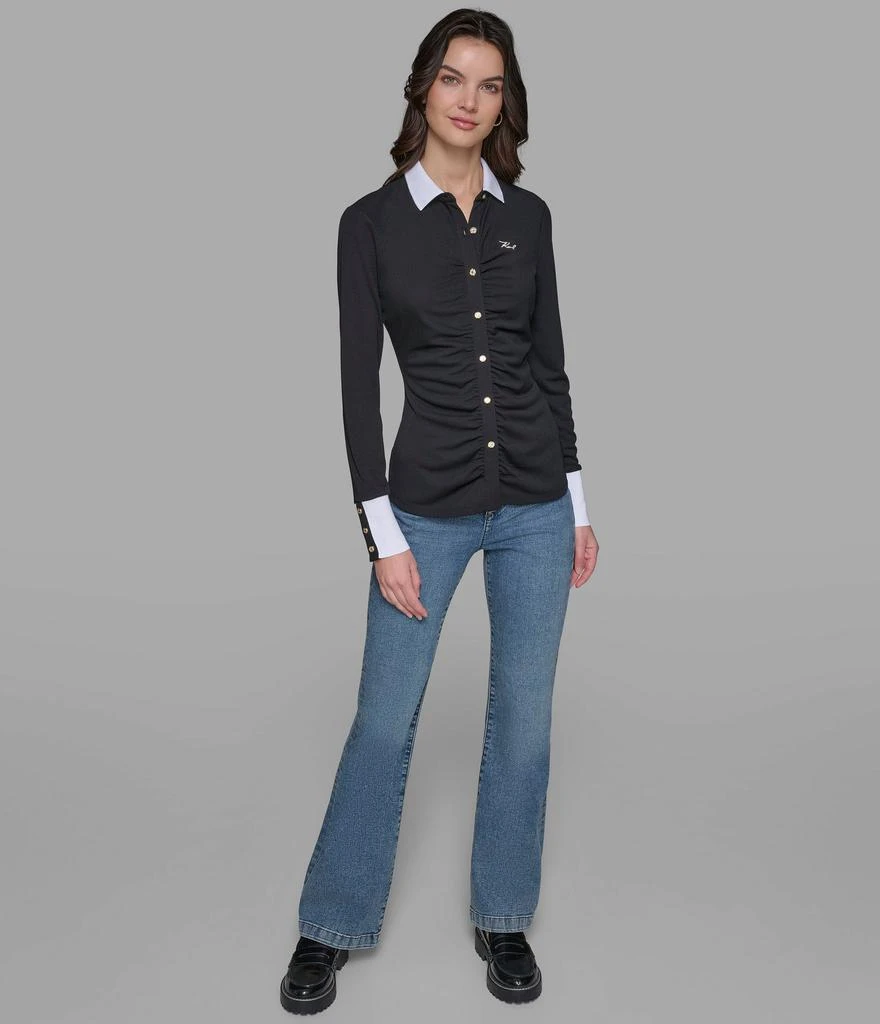 Karl Lagerfeld Paris LONG SLEEVE RUCHED KNIT BUTTON DOWN 9