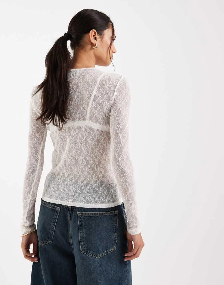 AWARE AWARE long sleeve round neck sheer lace top in white 4