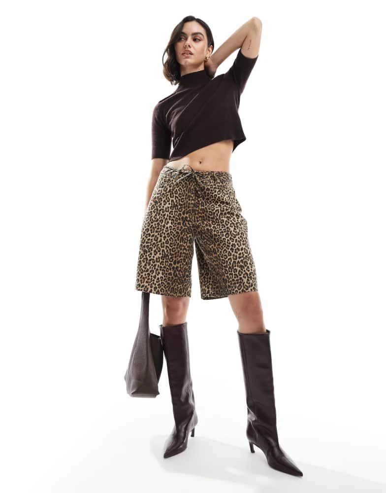 ONLY ONLY tie detail denim jorts in leopard print - BROWN 1