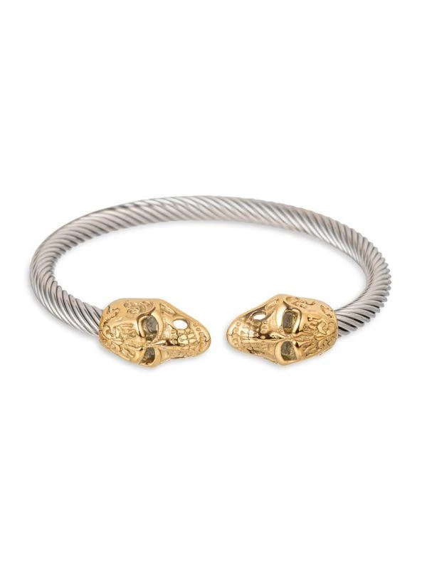 Eye Candy LA Double Head Goldtone & Silvertone Titanium Skull Cuff Bracelet 1