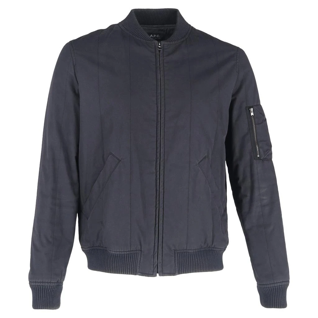 A.P.C. Zipped Padded Bomber Jacket with Pockets in Navy Blue Cotton