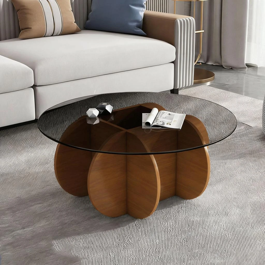 Streamdale Furniture Streamdale Modern Round Coffee Table, 31.5" Walnut Mid Century Center Table with Glass Top 4