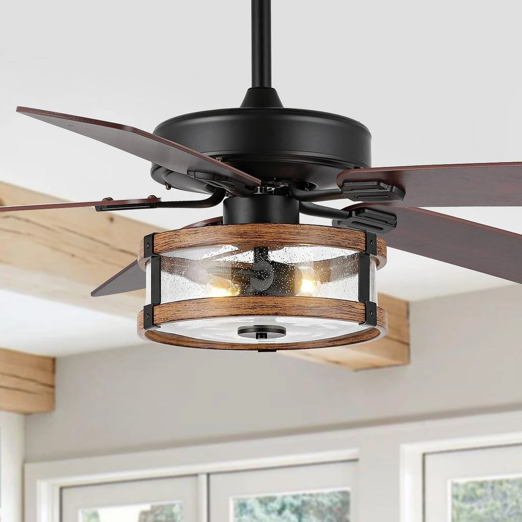 JONATHAN Y Joanna 52" 2-Light Rustic Industrial Iron/Wood/Seeded Glass Mobile-App/Remote-Controlled LED Ceiling Fan 3