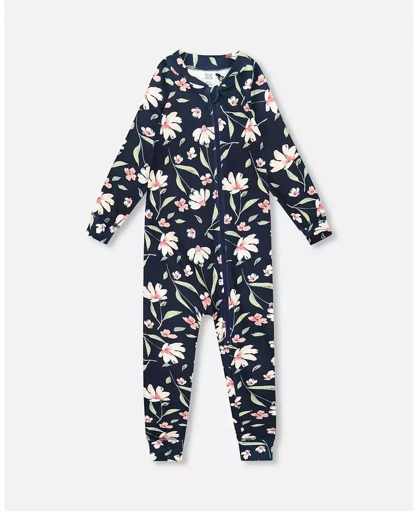 Deux par Deux Girl One-Piece Thermal Underwear Navy Flower Print - Toddler|Child