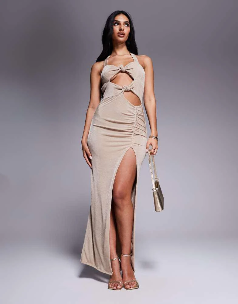 Aria Cove halterneck asymmetric knot cut out detail thigh split maxi dress  in soft brown  On Sale Now with Up to 65% Off | Discover Exclusive Deals &  Savings at BeyondStyle