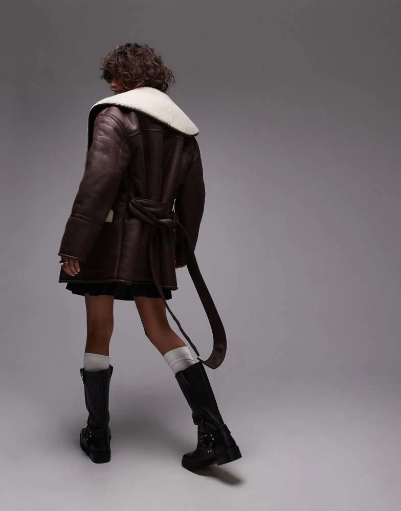 Topshop Topshop belted faux suede jacket in brown and cream 2