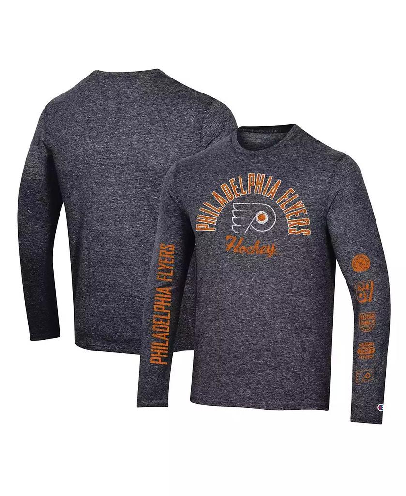 CHAMPION Men's Heather Black Distressed Philadelphia Flyers Multi-Logo Tri-Blend Long Sleeve T-shirt