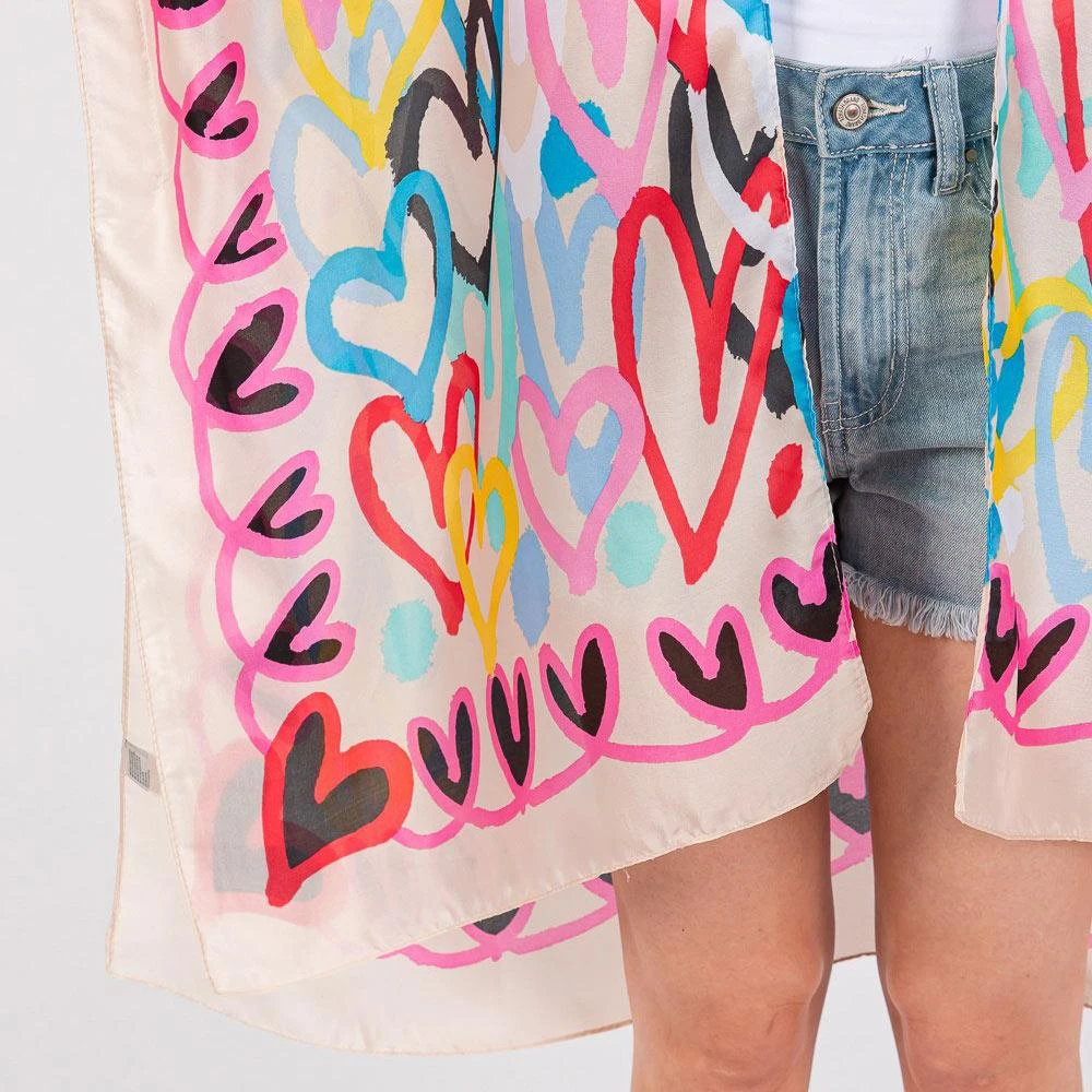 TRUEDAMES Multi Colored Heart Print Silky Feel Kimono Poncho 4