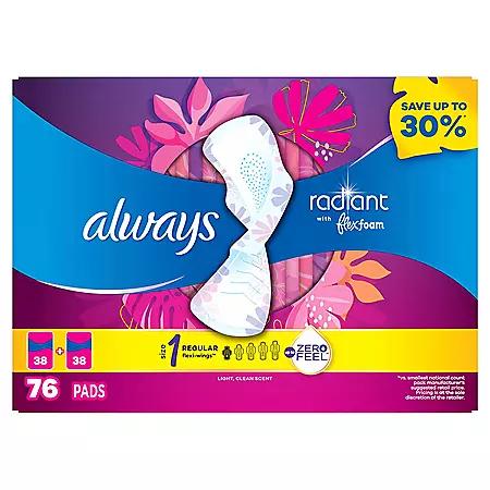 Always Always Radiant Regular Pads with Flexi-Wings, Scented, Size 1, 76 ct.