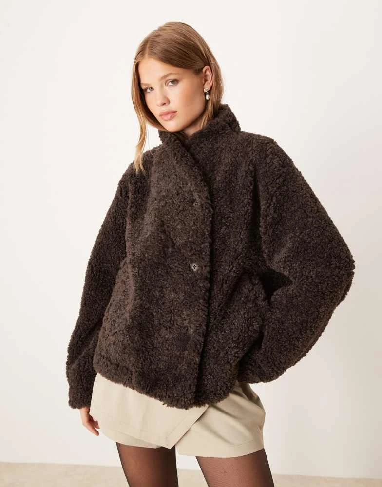 GINA TRICOT Gina Tricot short borg pile jacket in dark mole brown