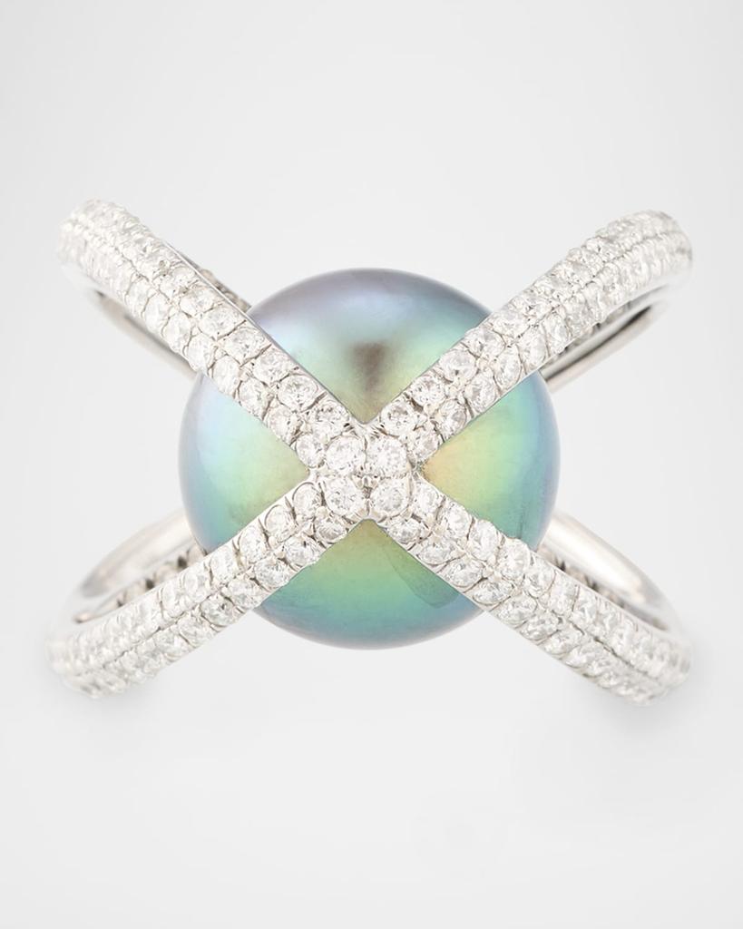 BELPEARL 18K White Gold Tahitian Pearl and Diamond Ring, Size 7
