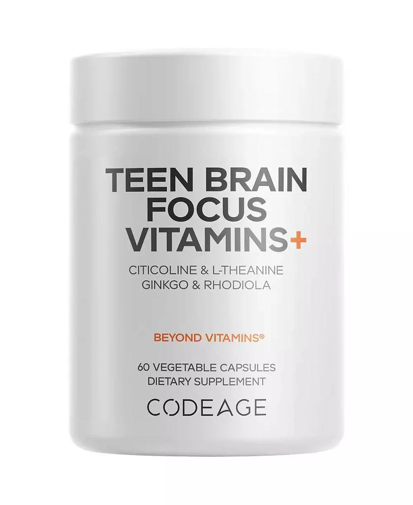Codeage Teen Brain Focus Vitamins+ Citicoline Cognizin, L-Theanine, Ginkgo, Rhodiola, Lavender, Magnesium, Vitamin B6, B12, Folate, 60 Capsules